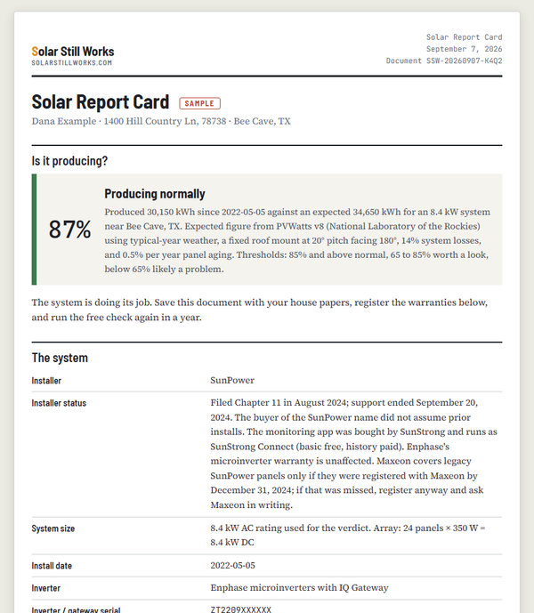First page of a sample Solar Report Card