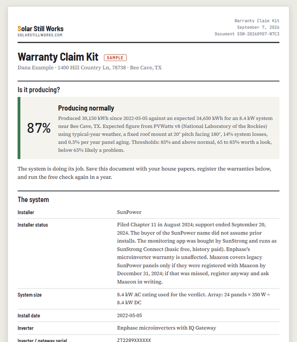 First page of a sample Warranty Claim Kit